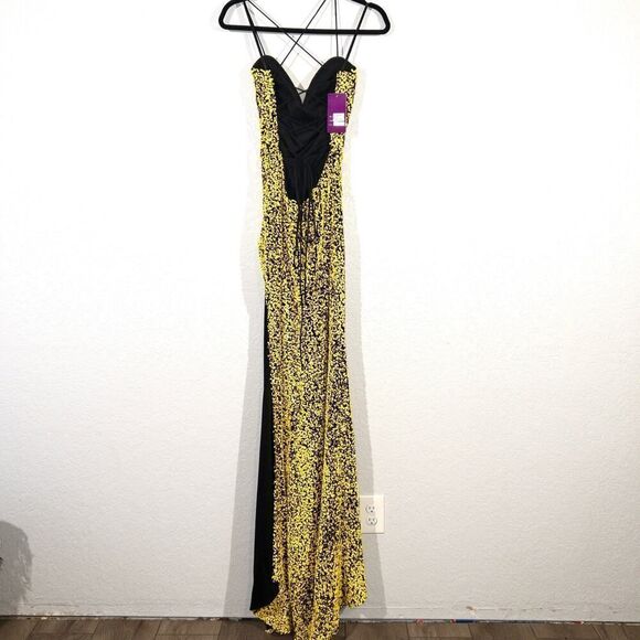 NWT Abby Paris x Lucci Lu 90163 Black‎ & Yellow Sequins High Slit Gown Size 8 - Picture 7 of 11